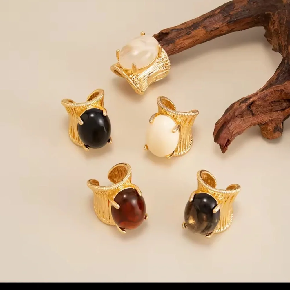 Gold Statement Rings with Black, White and Brown Gemstones - Women Jewelry